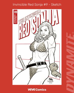 A sketch variant cover for "The Invincible Red Sonja #9" (issue 09), featuring a black-and-white line drawing of Red Sonja with her iconic sword, published by Dynamite Comics. The image relates to the post by showcasing one of the newly dropped variant covers available on VeVe Comics.