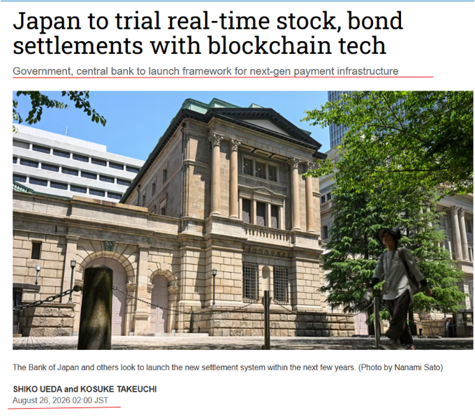 A Nikkei headline reads "Japan to trial real-time stock, bond settlements with blockchain tech," announcing that the Japanese government and Bank of Japan (pictured) will launch a framework for next-gen payment infrastructure, aligning with reports that the FSA, Ministry of Finance, and BOJ are collaborating on a blockchain-based, 24/7 settlement system to replace the current T+1/T+2 wait times.