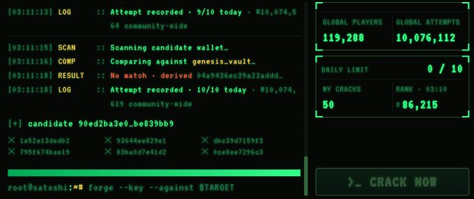 A terminal interface displays a password cracking program with green text on a black background, showing logs of community-wide attempts and candidate hashes.