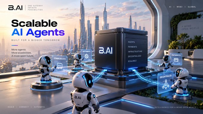 A futuristic promotional graphic for 'B.AI' advertises 'Scalable AI Agents - Built for a Bigger Tomorrow,' showing white robots interacting with a central black cube labeled 'B.AI' in a sci-fi cityscape.