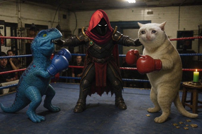 A masked referee in a red hood stands between a blue dinosaur toy wearing blue boxing gloves and a white cat wearing red boxing gloves in a wrestling ring, ready to officiate the match between $CASHCAT and $fefer.