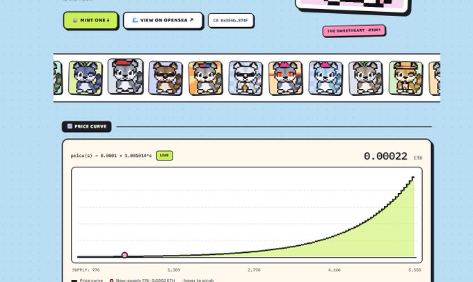 A screenshot of an NFT minting page for a cat collection (CA: 0xa5ed0...9730) showing a price curve of 0.00022 ETH with a live bonding curve formula, supporting the post's enthusiasm about robintos.xyz's pricing trajectory.