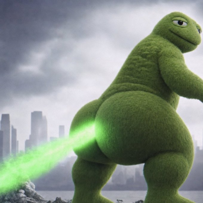 A fuzzy green creature, resembling a toad, is shown from behind as it expels a bright green blast. The accompanying post likely uses the image as a crude joke, playing on the ticker symbol $TOAD.