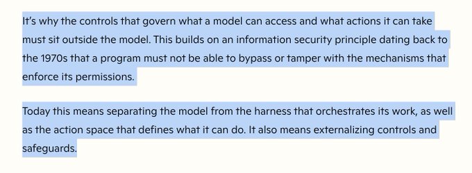 A highlighted text excerpt discussing AI safety principles, stating that 'the controls that govern what a model can access... must sit outside the model' and must 'separat[e] the model from the harness'.