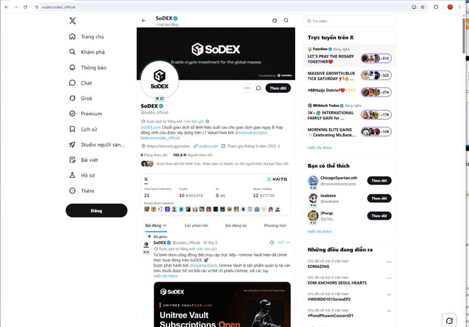Twitter/X profile page for SoDEX (@solex_official), a cryptocurrency project, showing their follower count, tweets about Unitree Vault Subscriptions, and trending crypto topics on the right sidebar.