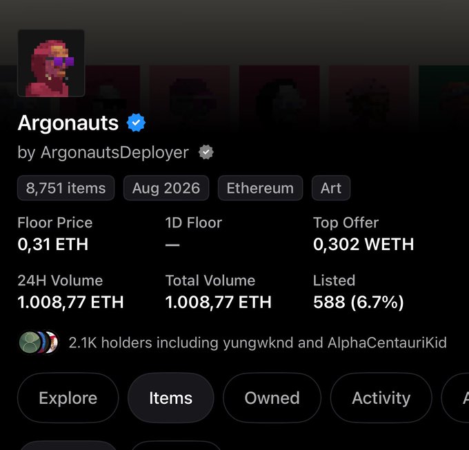 A screenshot of an NFT collection page for "Argonauts" by ArgonautsDeployer, showing a floor price of 0.31 ETH, 8,751 items, and 2.1K holders including yungwknd and AlphaCentauriKid.