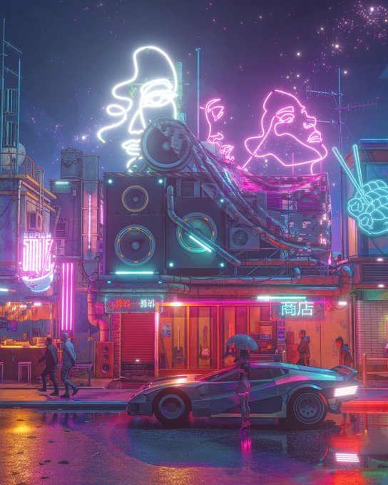 A vibrant cyberpunk-style digital illustration shows a futuristic street scene with neon signs, a retro sports car, and figures in a rainy, colorful city at night.