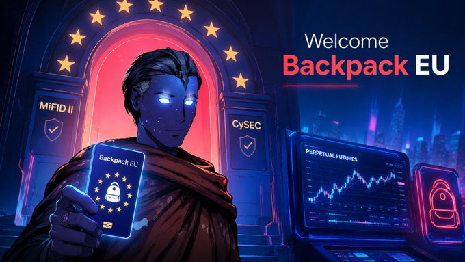 A promotional banner reading "Welcome Backpack EU" featuring a hooded character with glowing blue eyes holding a card, alongside "PERPETUAL FUTURES" charts, with MiFID II and CySec badges.