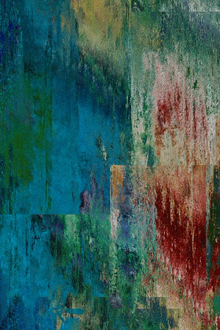 An abstract painting with vertical strokes in shades of teal, blue, green, red, and orange, creating a textured, multi-colored composition.