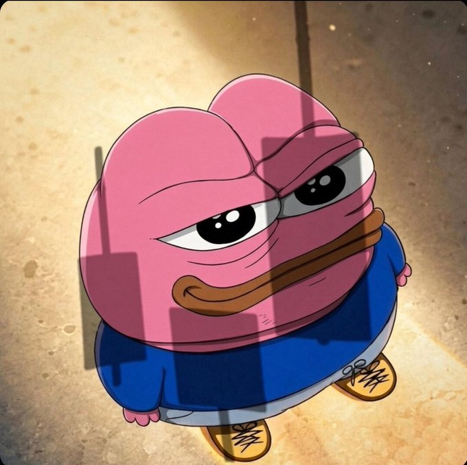 A pink cartoon-style character with a grumpy expression wearing a blue shirt and brown sandals, standing on a concrete surface with a shadow cast over it.