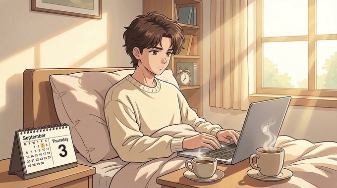 An anime-style illustration shows a young man with brown hair working on a laptop in bed, accompanied by a calendar dated September 3 (Thursday) and two steaming cups of coffee on a tray.
