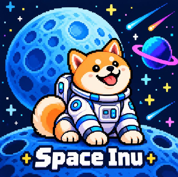 A pixel-art Shiba Inu wearing a white astronaut suit sits atop a cratered blue moon, surrounded by a starry cosmos with planets and shooting stars, with "Space Inu" displayed at the bottom. The whimsical space-themed mascot and "Space Inu" branding visually reinforce the post's hype about the upcoming "$SI" token launch.