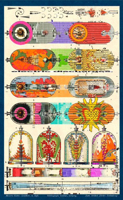 A colorful collage artwork titled 'Herrliches Leben' by Meyers Konv-Lexikon, featuring various shapes, diagrams, and illustrations arranged in rows.