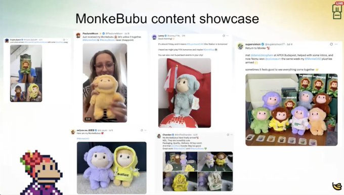 A 'MonkeBubu content showcase' displaying a collage of social media posts featuring plush toys and pixel art of monkey characters in various colors.