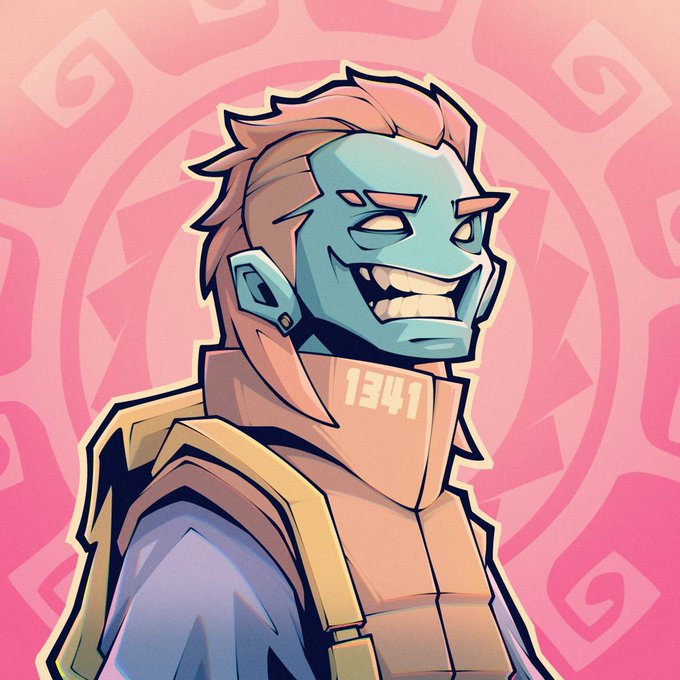 A stylized cartoon illustration of a character with a teal mask/makeup, spiky orange hair, and a wide grin, wearing tactical gear labeled '1341' against a pink patterned background.