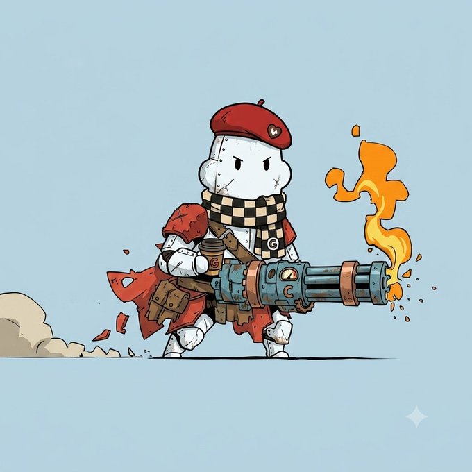 A cartoon illustration of a character with a cloud-like head wearing a red beret, wielding a large multi-barrel gun firing flames, set against a light blue background.