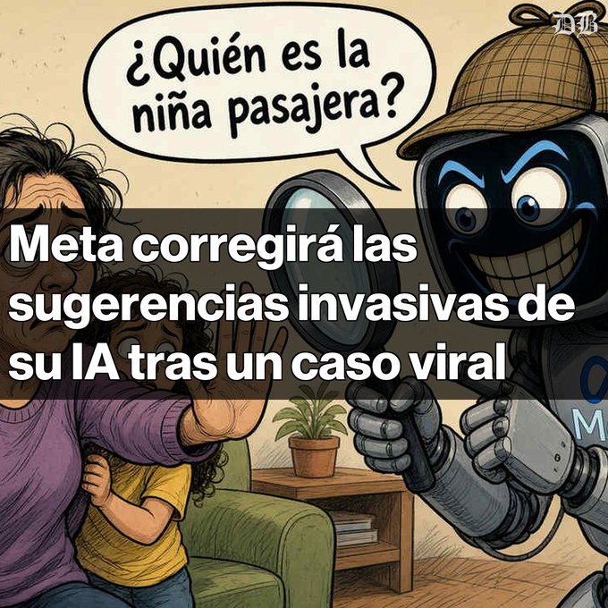 A satirical cartoon showing a robot with a Sherlock Holmes hat and magnifying glass asking "¿Quién es la niña pasajera?" to a woman protecting a child, with Spanish text overlay reading "Meta corregirá las sugerencias invasivas de su IA tras un caso viral."