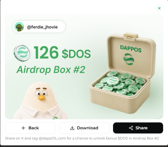 An airdrop box graphic featuring a chicken character, displaying '126 $DOS Airdrop Box #2' from user @ferdie_jhovie with DappOS branding and a 'Share' button.