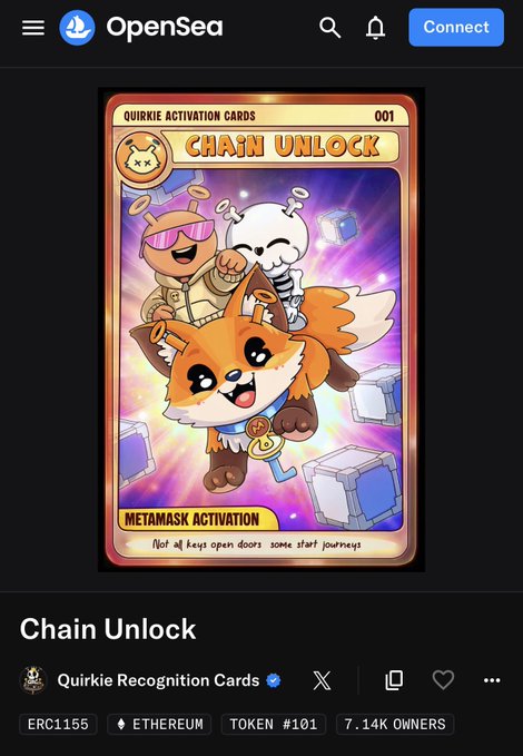 OpenSea NFT marketplace listing for 'Chain Unlock' #001, part of the 'Quirkie Recognition Cards' collection on Ethereum (ERC1155), with 7.14K owners.
