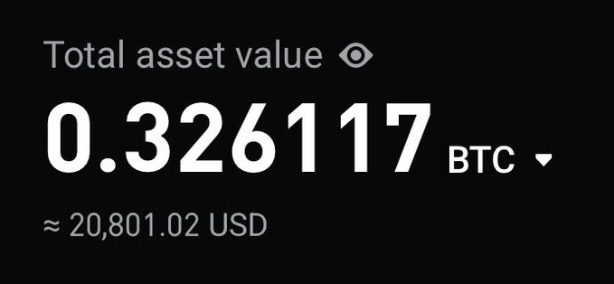 A cryptocurrency wallet display showing a total asset value of 0.326117 BTC, approximately equal to 20,801.02 USD.