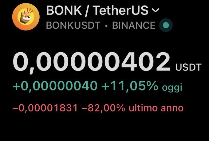 The image shows a cryptocurrency price tracker for BONK/TetherUS (BONKUSDT) on Binance, displaying a current price of 0.00000402 USDT, with a daily gain of +11.05% (+0.00000040) but a steep yearly decline of -82.00% (-0.00001831). The data illustrates that despite a modest intraday recovery, the meme coin $BONK has lost the vast majority of its value over the past year.
