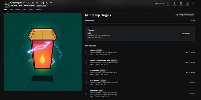 A 'Mint Kenji Origins' NFT collection page on Magic Eden showing 3,103 available items, a fee of 0 SOL with September 3, 2026 expiration, and upcoming mint schedules.