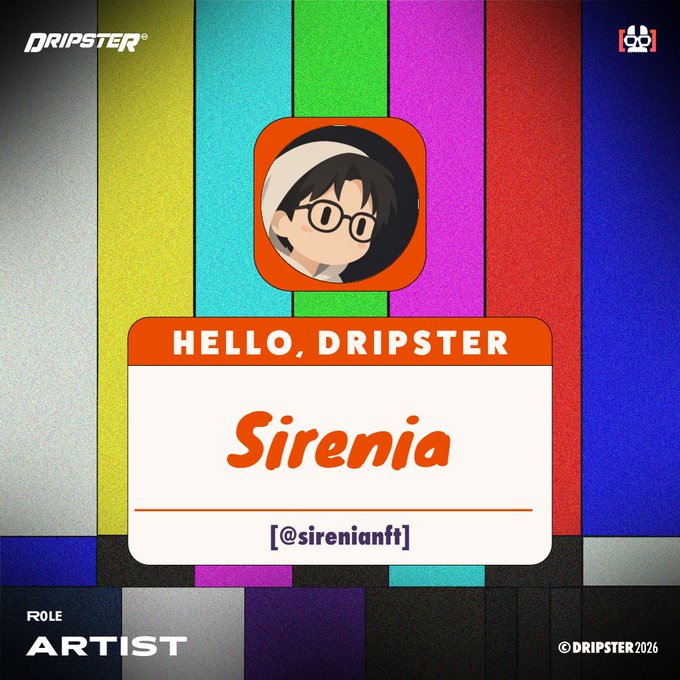Dripster 'Hello, Dripster' profile card featuring artist 'Sirenia' (@sirenianft) with a cartoon avatar wearing a hijab and glasses.