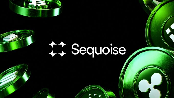 The word 'Sequoise' appears in white text next to a logo, surrounded by shiny green cryptocurrency coins including Bitcoin, Binance, and Ripple/XRP.