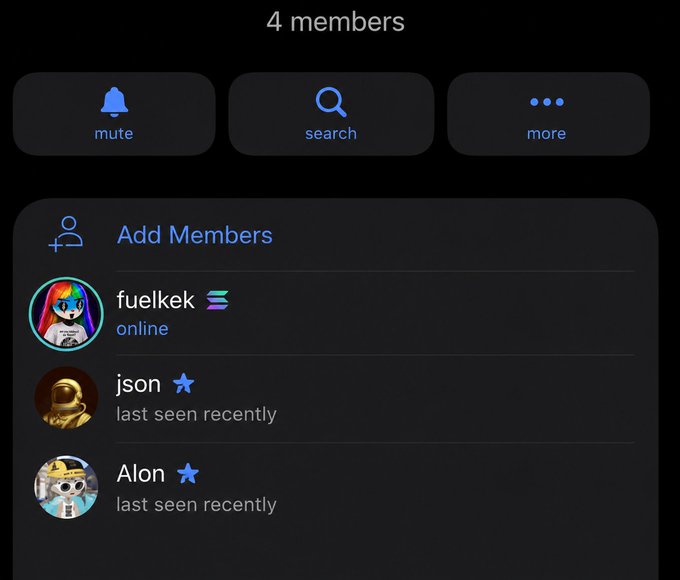 A Telegram group called "4 members" shares a member list showing fuelkek (online) and two others (json and Alon) marking the small group where the user is shilling crypto tickers $chiikawa and $TripleT to fellow members.