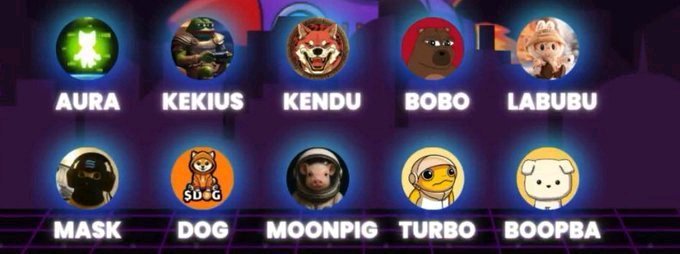 A grid of ten circular profile pictures with usernames labeled beneath each, including AURA, KEKIUS, KENDU, BOBO, LABUBU, MASK, DOG, MOONPIG, TURBO, and BOOPBA, set against a dark background.