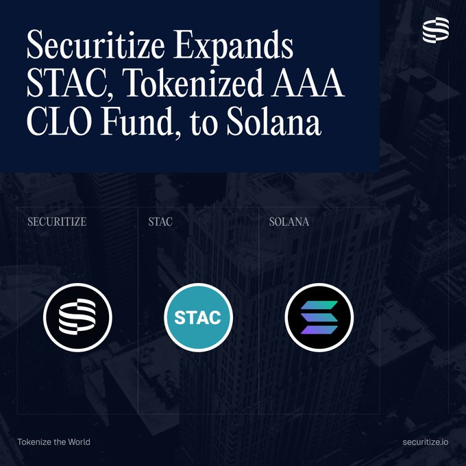 The image shows an advertisement for a cryptocurrency called STAC tokenized AAA CLO Fund. The text above the image reads "Securitize expands its tokenized AAA CLO Fund, to Solana", indicating that the fund has been expanded to include Solana. The image also features a cityscape with buildings and skyscrapers in the background, suggesting an urban setting for the fund's operations.