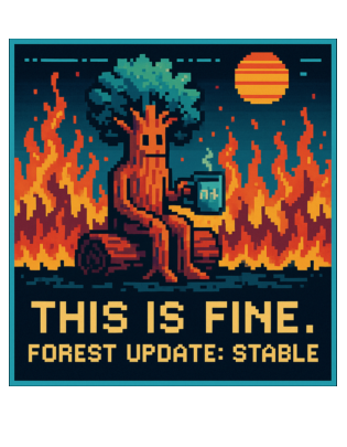 A pixel art sticker of a tree-like creature calmly drinking from a mug while surrounded by flames, with the text 'THIS IS FINE.' and 'FOREST UPDATE: STABLE'.