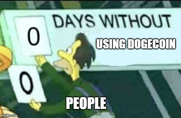 The image is a "Days Without" meme featuring a Simpsons character holding up two zeros on a sign, with the text altered to read "DAYS WITHOUT USING DOGECOIN PEOPLE," humorously highlighting the irony that nobody actually uses Dogecoin as a medium of exchange. This perfectly complements the post's point about Dogecoin's lack of real-world utility, mocking the disconnect between its hype and its actual adoption as a payment method.