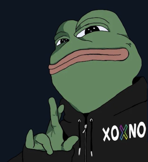 A digital illustration of a green Pepe the Frog character wearing a black hoodie, smirking with one eye closed and gesturing with its hand; the hoodie displays 'XO XNO' with a colorful X logo.