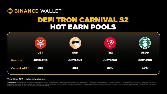 A Binance Wallet promotional graphic for 'DEFI TRON CARNIVAL S2 HOT EARN POOLS' showing APR rates for JST (59%), SUN (40%), TRX (22%), and USDD (6.7%) on JustLend.