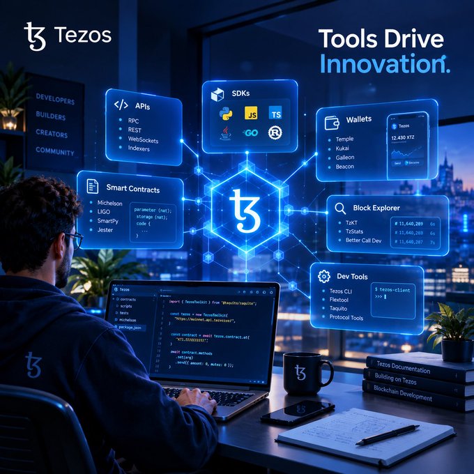 A promotional graphic for Tezos blockchain featuring a developer working at a laptop, surrounded by floating UI panels highlighting APIs, SDKs, Wallets, Smart Contracts, Block Explorer, and Dev Tools under the tagline 'Tools Drive Innovation.'