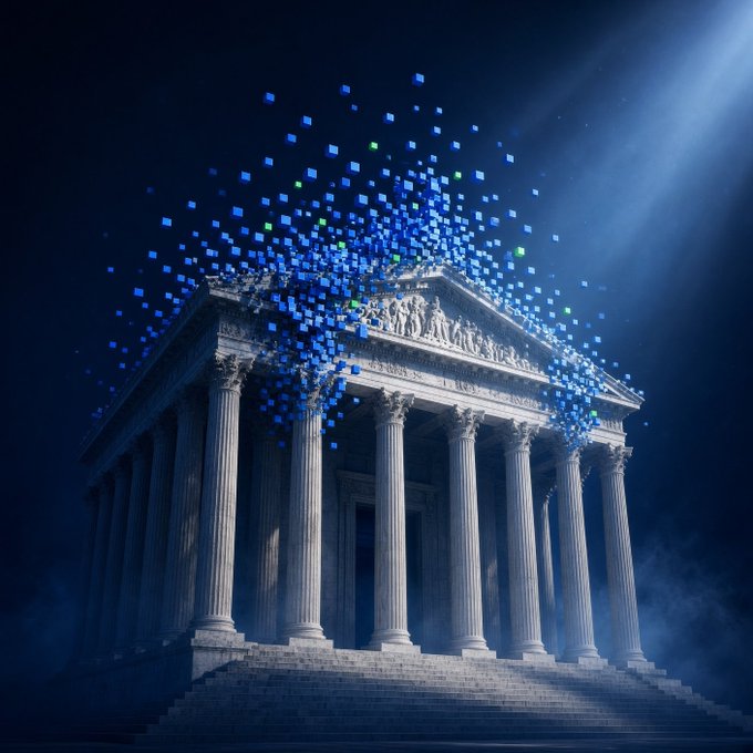A grand columned temple resembling a U.S. financial institution is partially dissolving into a cloud of glowing blue and green digital cubes floating into the dark sky, symbolizing the digitization of traditional finance. The image visualizes the SEC's approval of tokenized stocks onchain, as traditional Wall Street institutions transition into blockchain-based, 24/7 real-world asset (RWA) infrastructure.
