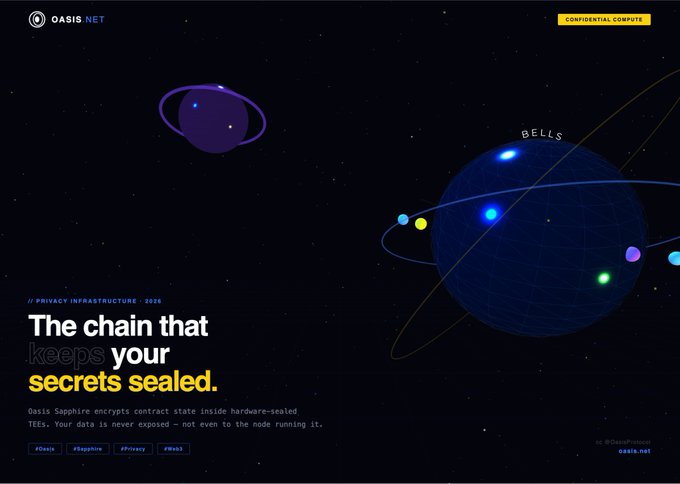 An Oasis Network (oasis.net) website banner reading 'The chain that keeps your secrets sealed,' promoting Sapphire confidential contract technology with a space-themed graphic.