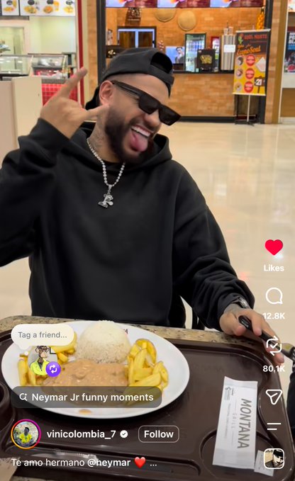 A viral social media post shows Neymar Jr. in a black hoodie and sunglasses sitting at a food court with a meal of rice, fries, and sauce, with 80.1K views and 12.8K likes, captioned 'Te amo hermano @neymar ❤️'.