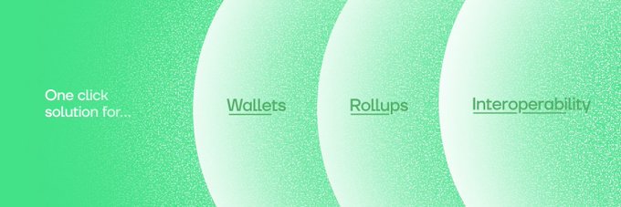 A green-themed graphic with the text 'One click solution for...' alongside links to 'Wallets', 'Rollups', and 'Interoperability'.
