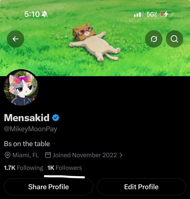 Twitter profile screenshot for 'Mensakid' (@MikeyMoonPay), a verified account based in Miami, FL, with 1.7K Following, 1K Followers, and the bio 'Bs on the table'.