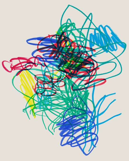 An abstract digital drawing featuring colorful scribbled lines in blue, green, red, yellow, and black creating a tangled, expressive composition on a light background.