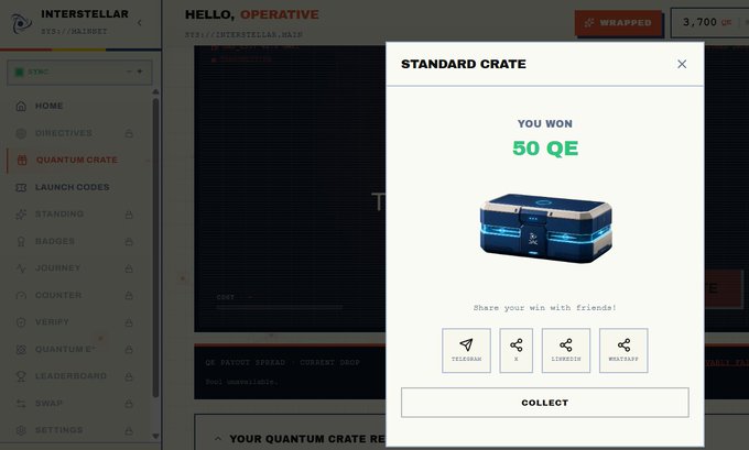 A screenshot of the Interstellar web interface showing a 'Standard Crate' popup that announces 'YOU WON 50 QE', with options to share via Telegram, X, Linkedin, and Wallapop, alongside a sidebar menu with items like HOME, DIRECTIVES, and QUANTUM CRATE.