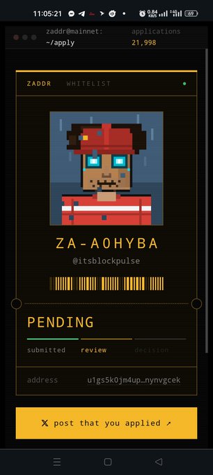 A mobile screenshot of a ZADDR whitelist application page showing a pixel art character avatar, username 'ZA-AOHYBA' (@itsblockpulse), pending status, and an address 'u1gs5K0jm4up_nynvgcek'.