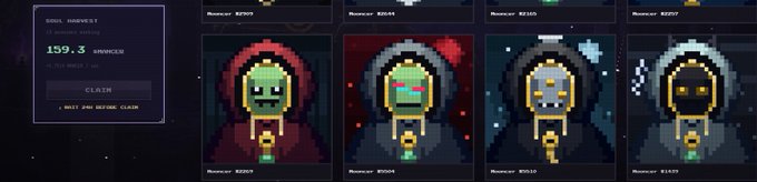 A cryptocurrency/NFT dashboard showing 'SOUL HARVEST' with 159.3 whioce2 earnings and four pixel art character avatars labeled with different rank numbers.