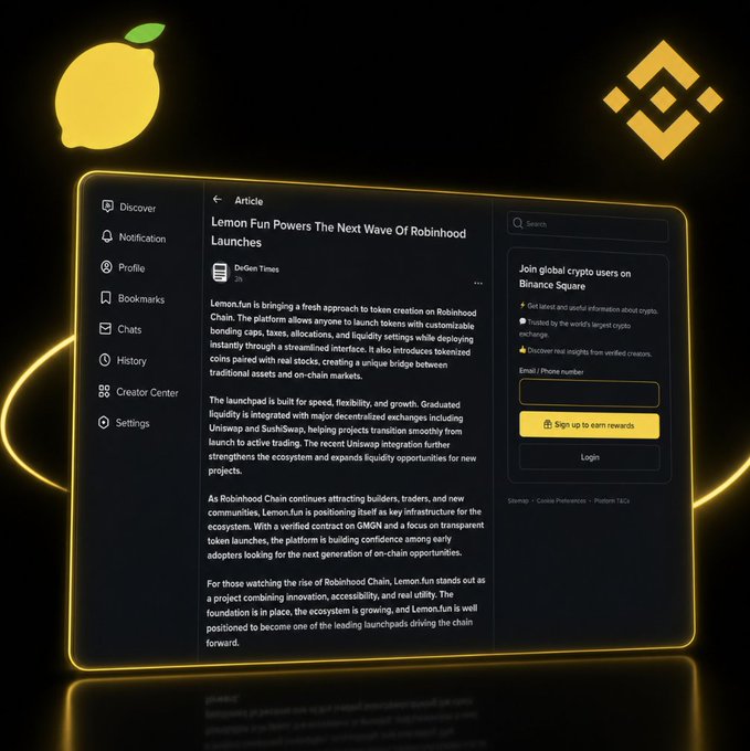 Promotional graphic featuring a Lemon.fun article titled 'Lemon.fun Powers The Next Wave Of Robinhood Launches' alongside Binance and BNB logos, with a Binance Square signup prompt.