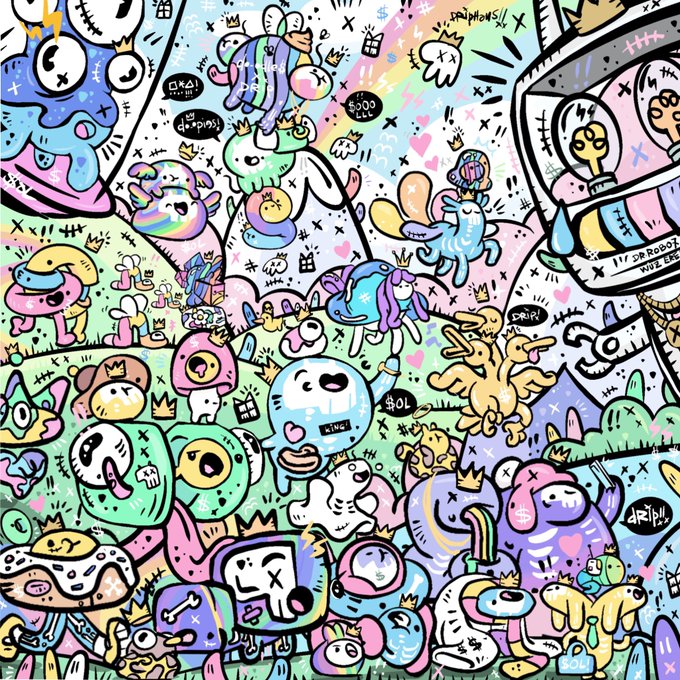 A colorful, busy doodle-style illustration filled with numerous cute cartoon characters, creatures, and "drip" text elements in a chaotic pastel composition.