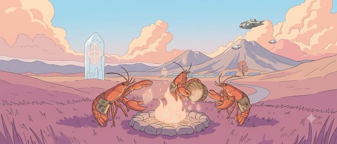 An illustrated scene showing three anthropomorphic shrimp/crayfish creatures wearing backpacks gathered around a campfire in a pink desert landscape, with a crystal structure and flying vehicles in the background.