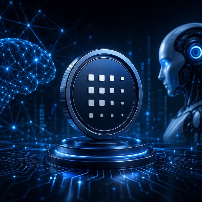 A glowing blue circular emblem featuring a grid pattern sits at the center of a futuristic digital landscape, with a humanoid AI robot and a neural network brain visualization flanking it on either side. The imagery symbolizes Fetch.ai's mission of merging artificial intelligence with blockchain technology to create autonomous intelligent agents.