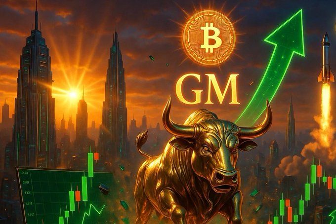 A digital artwork featuring a golden bull statue, a Bitcoin logo, the text 'GM', and a green upward arrow set against a cityscape at sunset.